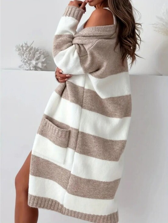 Sweaters - Women'S Elegant Striped Cardigan - Long Sleeve with Pocket